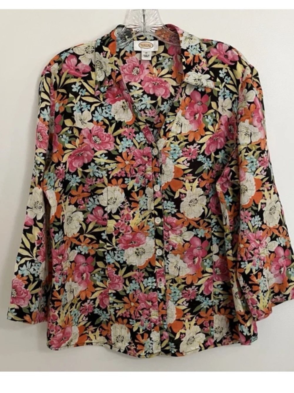 Talbots Top Size 12 Large 100% Linen Button Up Floral Flower Colorful Spring